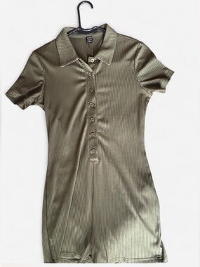Olive Green Ribbed Button-Down Polo Top
